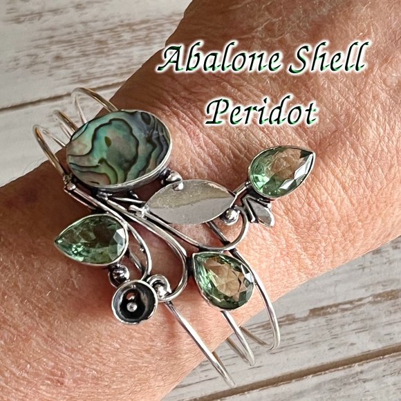 Abalone Shell Peridot Bangle Bracelet Handmade Stone Gemstone Crystal 925 Silver - Picture 13 of 13